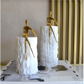 Altın Oturan Heykel Mermer Dekoratif Obje - Beyaz