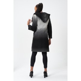  Virgin Wool Yün Palto -  İtalyan Kumaş Kaban - Kapüşonlu Degrade Deri Biye Cepli - KN2 Siyah Gri Antrasit