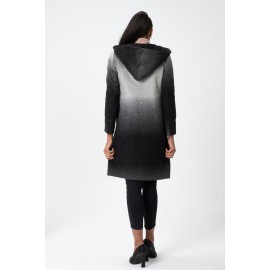  Virgin Wool Yün Palto -  İtalyan Kumaş Kaban - Kapüşonlu Degrade Deri Biye Cepli - KN2 Siyah Gri Antrasit