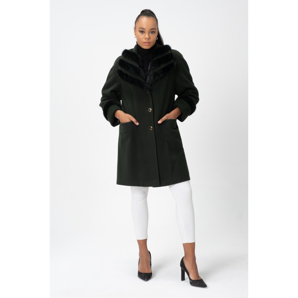 Punto Yeşil Kürklü Cepli Kaşmir Kaban - Regular Fit - Özel Tasarım - Kürklü Şal Yaka - Yeşil - TK05 