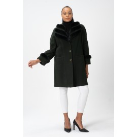 Punto Yeşil Kürklü Cepli Kaşmir Kaban - Regular Fit - Özel Tasarım - Kürklü Şal Yaka - Yeşil - TK05 