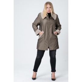 Plus Size - Büyük Beden Trençkot - Diz Üstü Saten Astarlı, Fermuarlı, Cepli Oversize Yeşil Curve Yağmurluk