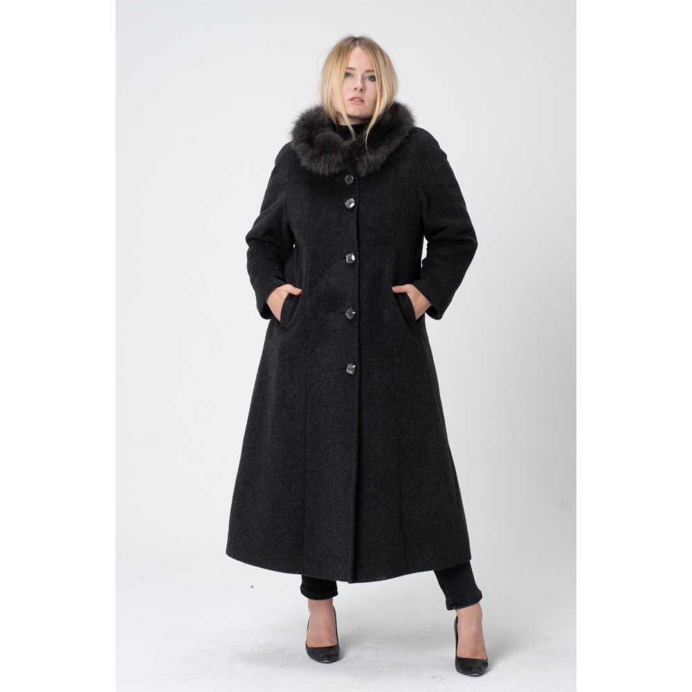 Kürklü Gusto Rahat Kalıp Gusto Oversize Kürklü İtalyan Moher Kaşmir Yün Manto - Antrasit Gri-TK02