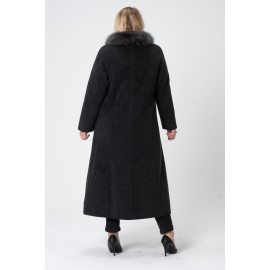Kürklü Gusto Rahat Kalıp Gusto Oversize Kürklü İtalyan Moher Kaşmir Yün Manto - Antrasit Gri-TK02
