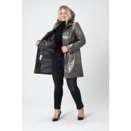 Plus Size - Büyük Beden Trençkot - Diz Üstü Saten Astarlı, Kapüşonlu, Cepli, Curve Oversize Antrasit Gri Yağmurluk