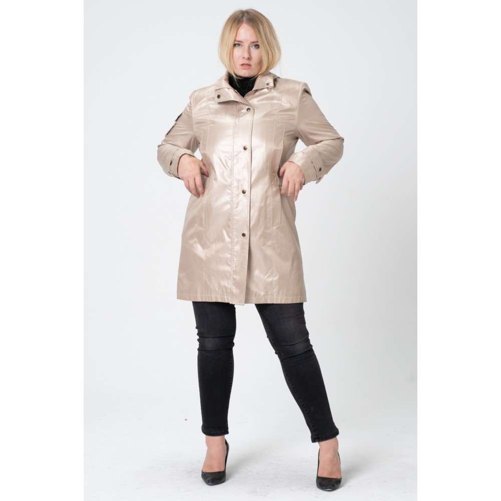 Plus Size - Büyük Beden Trençkot - Diz Üstü Saten Astarlı, Kapüşonlu, Cepli, Curve Oversize Bej - Krem Yağmurluk