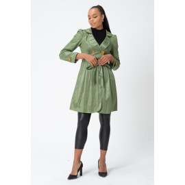 Twist Trençkot - Bebe Yaka - Bel Büzgülü - Kemerli - Saten Astarlı Yağmurluk - Y098-404 Yeşil