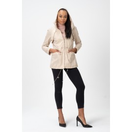 Kadın Büzgülü Kapüşonlu Saten Astarlı Metal Aksesuarlı Cepli Yağmurluk - Trençkot - KN1 Krem Bej