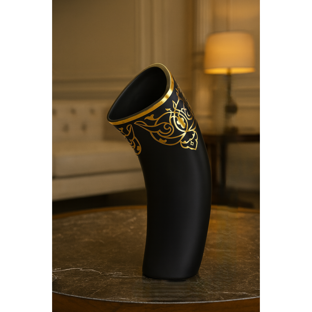 Altın - Siyah Eğik Vazo - Dekoratif Çiçeklik - Gold Siyah Dekoratif Obje 