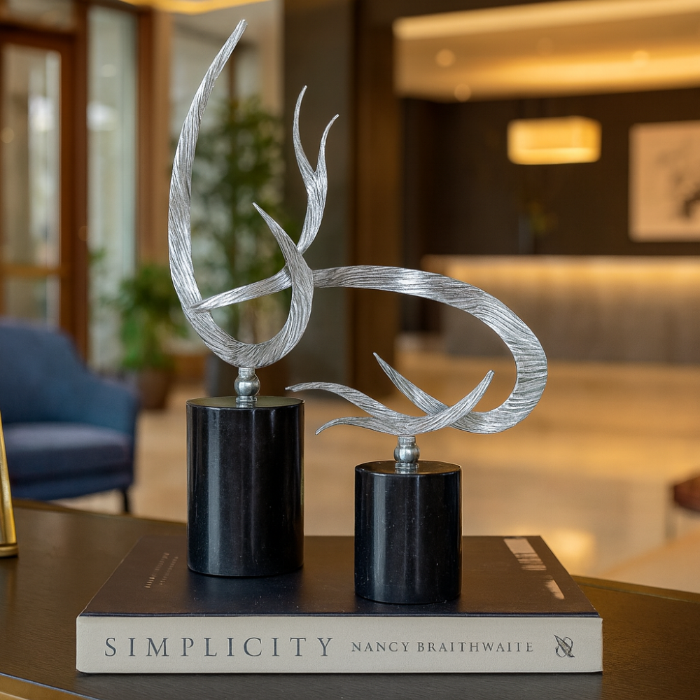 Siyah Mermer Kaideli Ateş Obje - Gümüş set