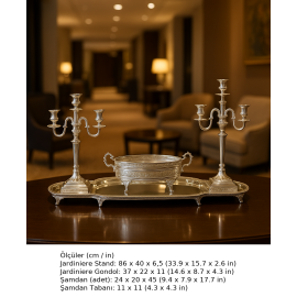 Gümüş Jardinyer Aynalı Set, Gondol, Gümüş Ayna, Gümüş Şamdan - Şamdan Seti