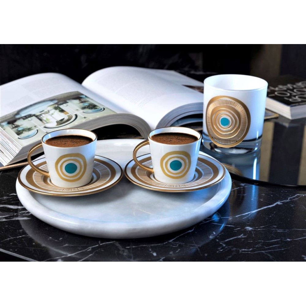 Güneş Nazar Kahve Seti - 2li Altın Turkuaz Set ve su bardğı 