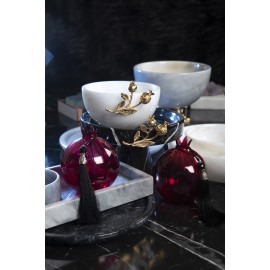 Dekoratif Beyaz Mermer Kase, Altın Nar Aplikli İkramlık