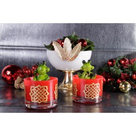 Saadet Düğümü Motifli, Kırmızı Cam T-Light & Lokumluk , İkramlık  - Altın & Kırmızı 