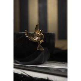 Siyah Mermer Kase - Altın Kuş Detaylı , Siyah Toros Mermer Çerezlik , Dekoratif Mermer İkramlık