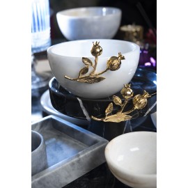 Dekoratif Beyaz Mermer Kase, Altın Nar Aplikli İkramlık