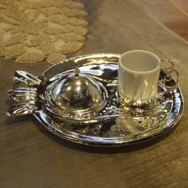 Gümüş Nar Kahve Seti - Tepsili Kahve İkram Sunum Seti 